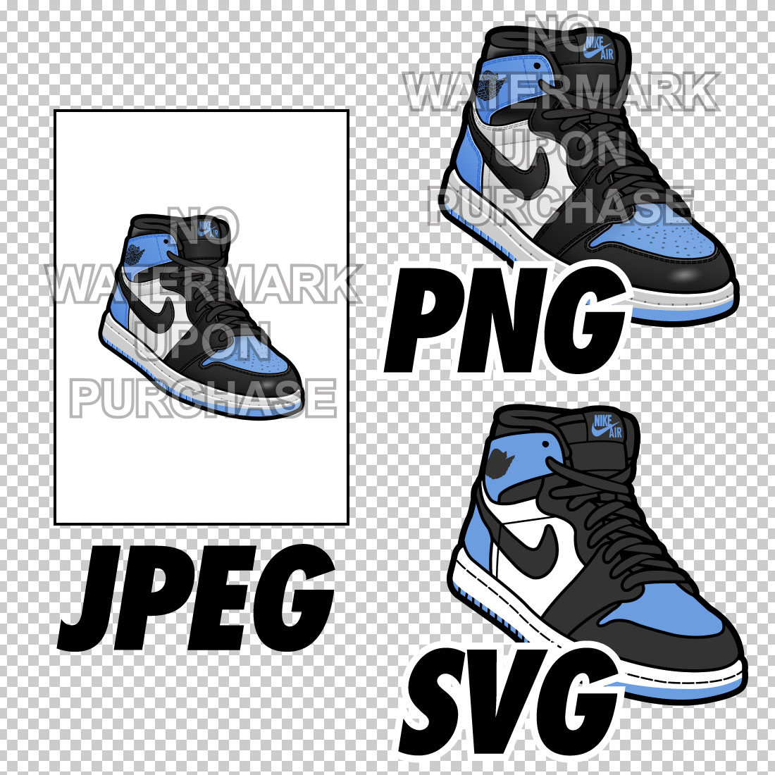 Air Jordan 1 UNC toe JPEG PNG SVG right & left shoe bundle Digital Download preview image.