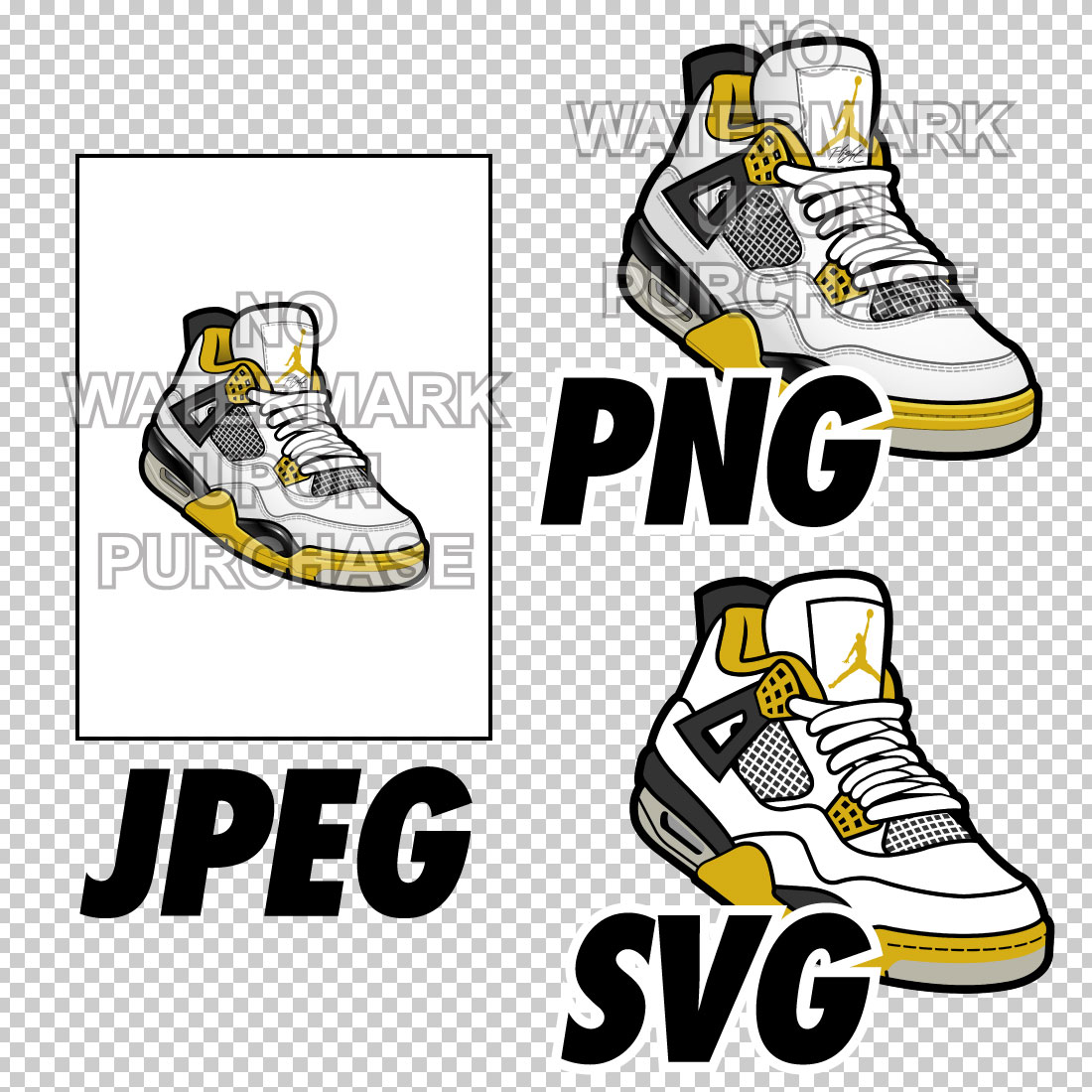 Air Jordan 4 Vivid Sulfur JPEG PNG SVG Sneaker Art Left & Right Shoe Bundle Digital Download preview image.