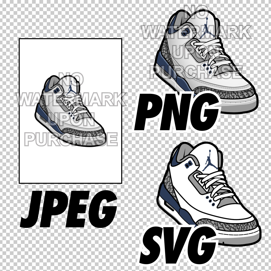 Air Jordan 3 Midnight Navy White JPEG PNG SVG right & left shoe bundle preview image.