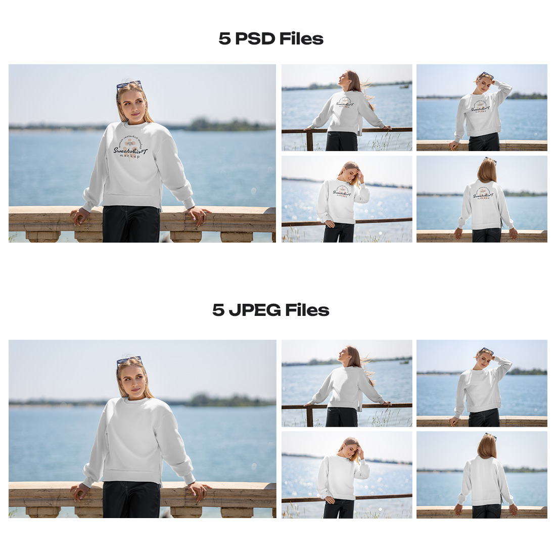 5 Mockups of Sweatshirts on the Girl on the Lake preview image.
