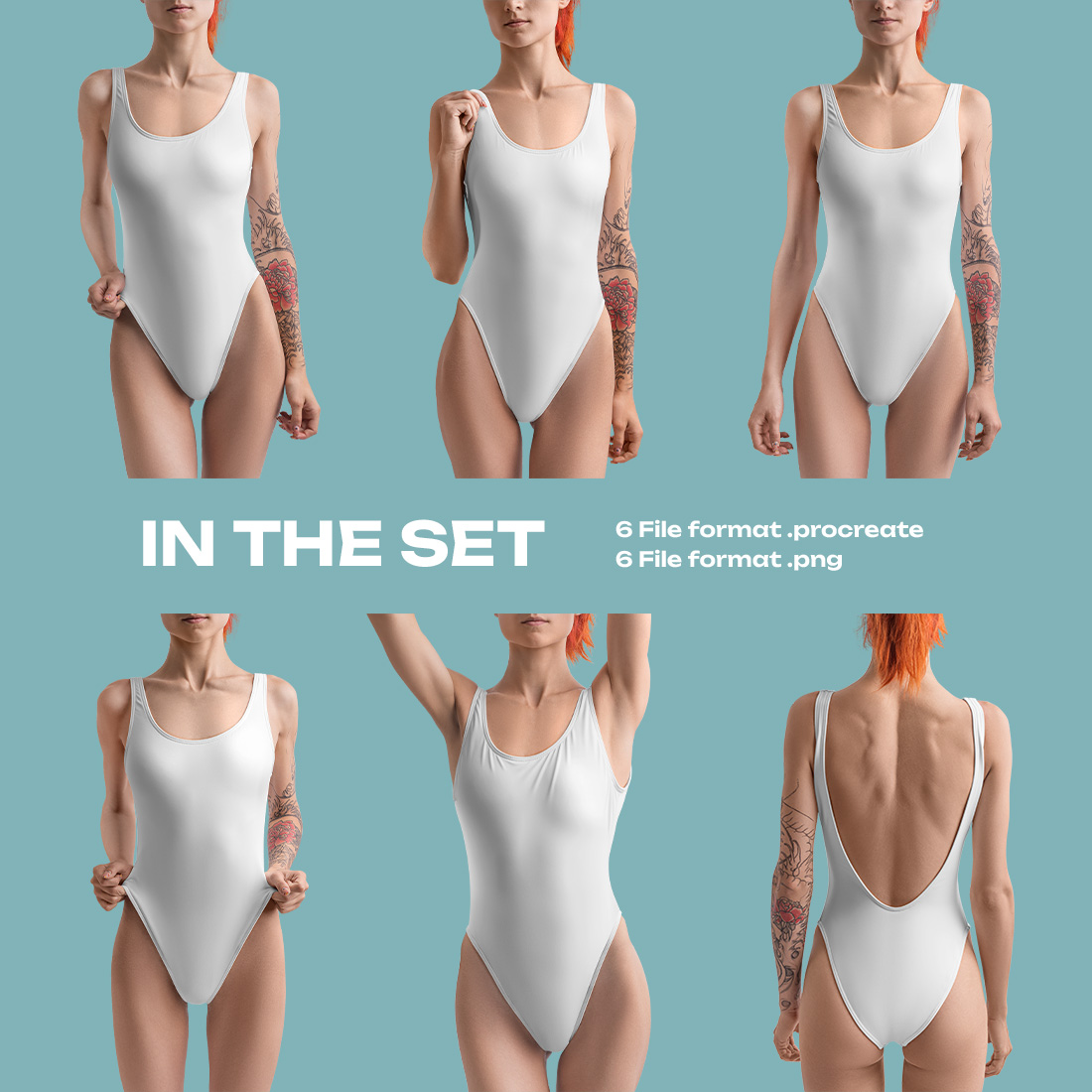 6 Mockups of a One Piece Sports Women's Swimsuit for Procreate on iPad preview image.