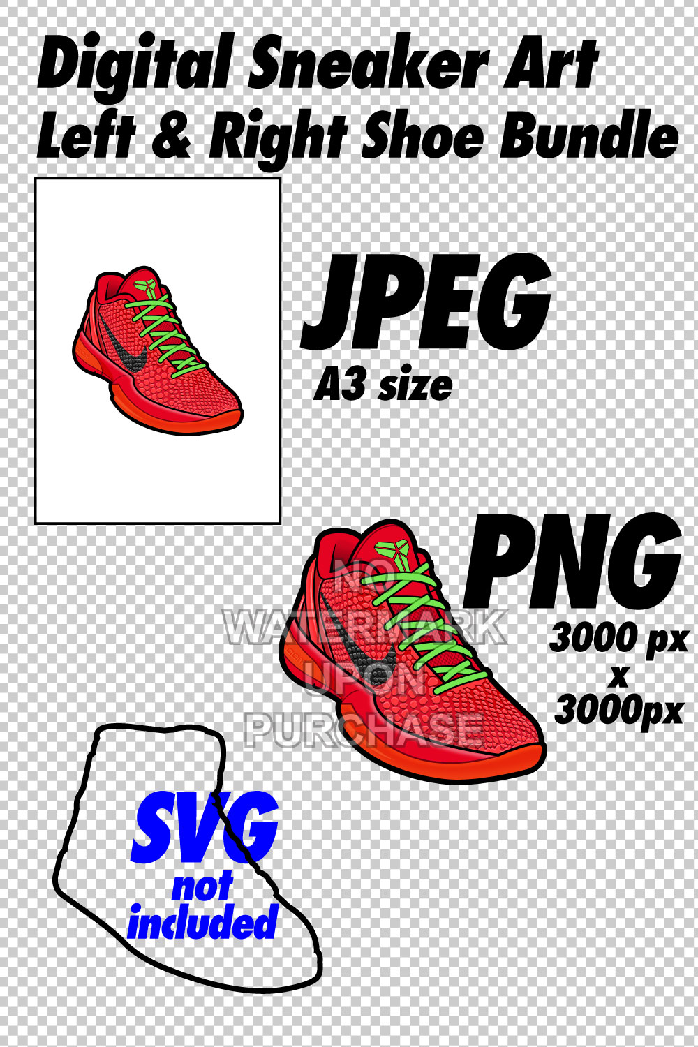 Kobe 6 Reverse Grinch JPEG PNG right & left shoe bundle sneaker art pinterest preview image.