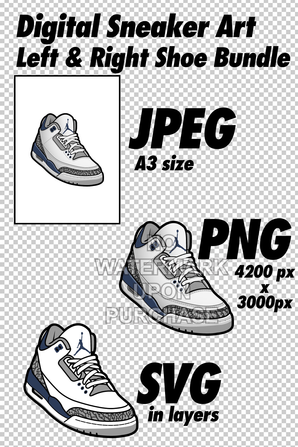 Air Jordan 3 Midnight Navy White JPEG PNG SVG right & left shoe bundle pinterest preview image.