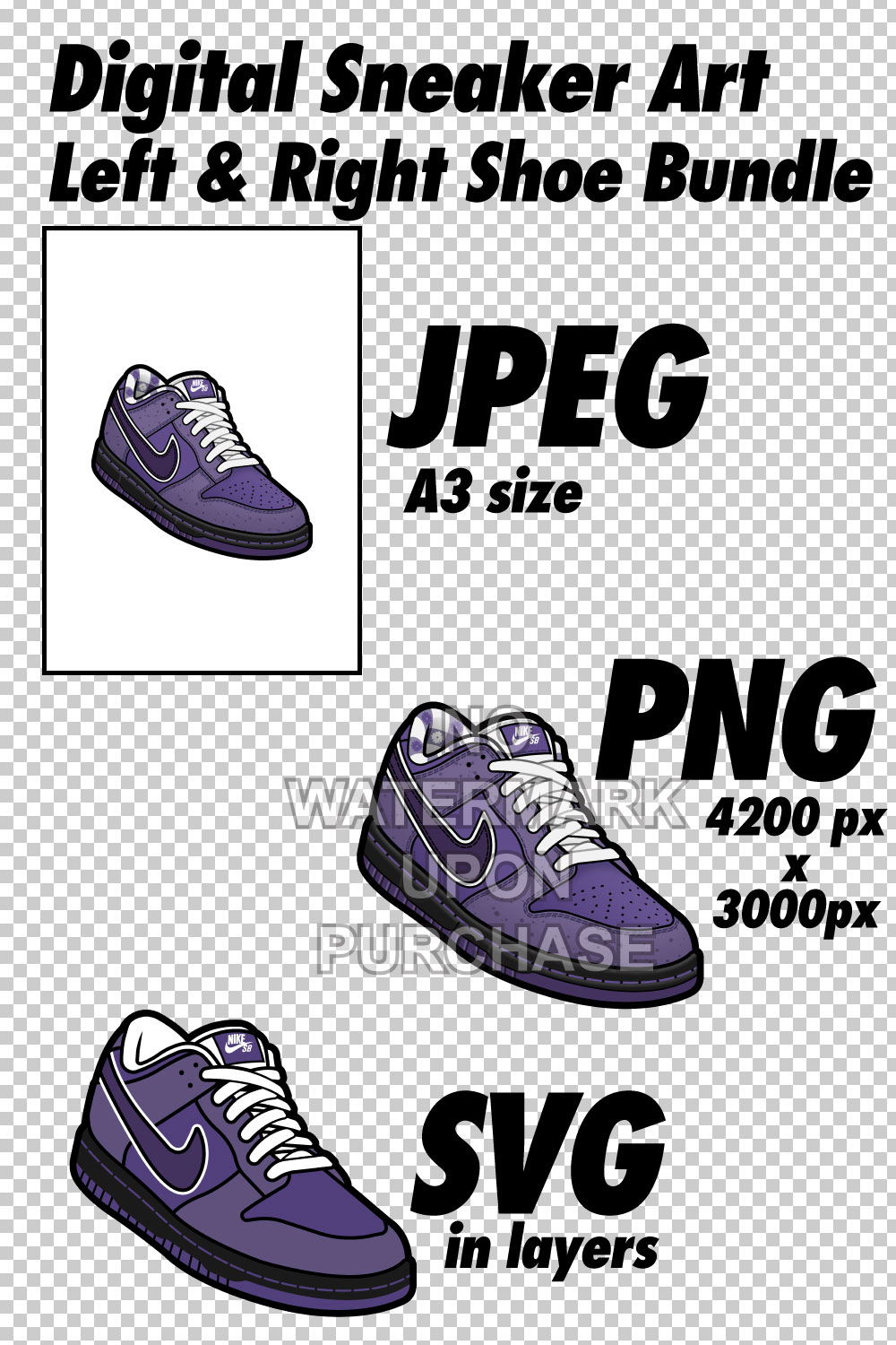 Dunk Low Purple Lobster JPEG PNG SVG Left & Right Shoe Bundle digital download pinterest preview image.