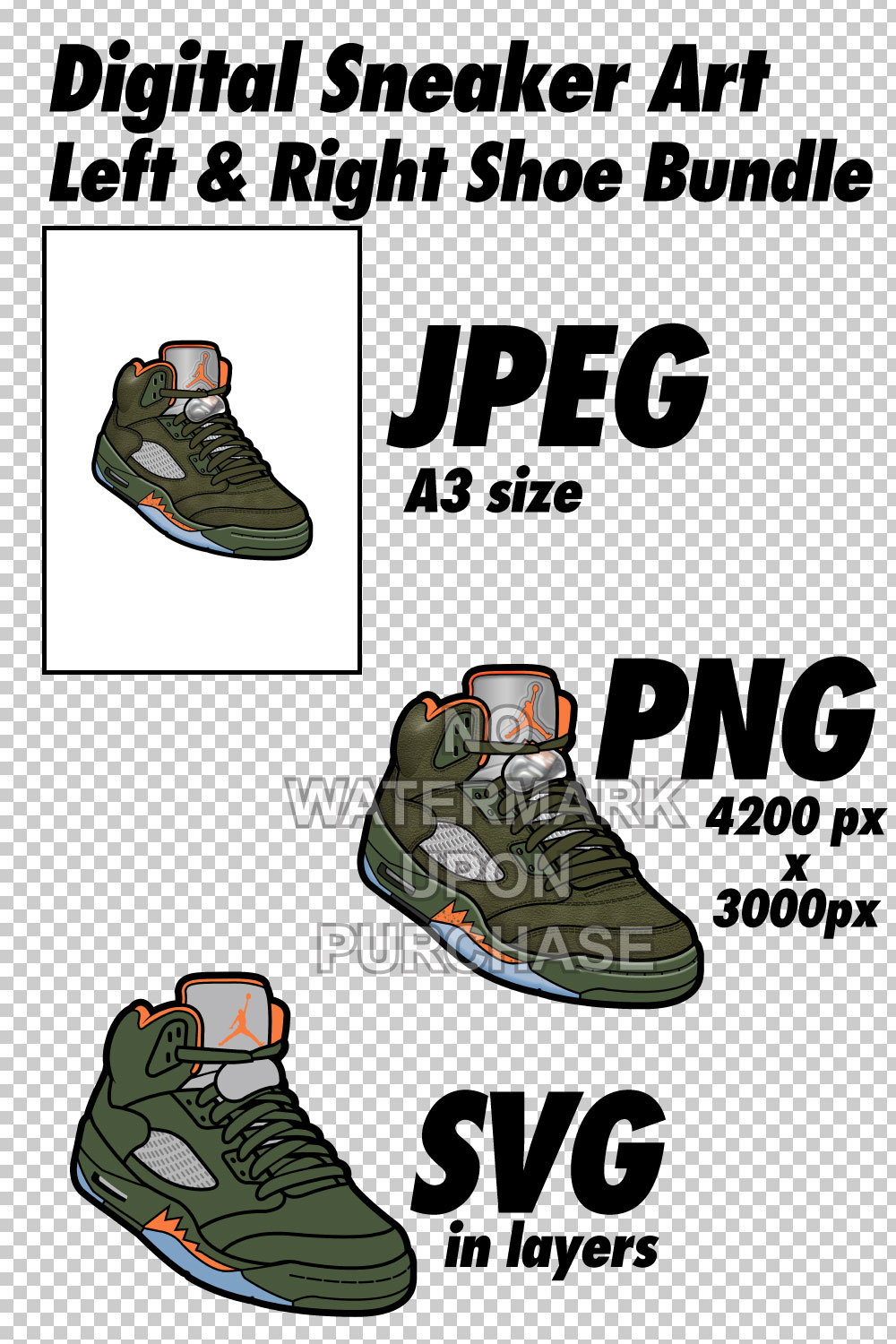 Air Jordan 5 Olive JPEG PNG SVG right & left shoe bundle pinterest preview image.