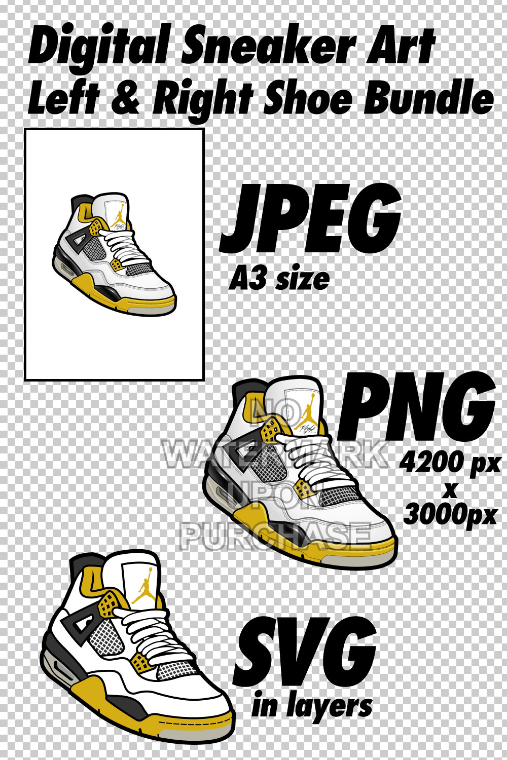 Air Jordan 4 Vivid Sulfur JPEG PNG SVG Sneaker Art Left & Right Shoe Bundle Digital Download pinterest preview image.