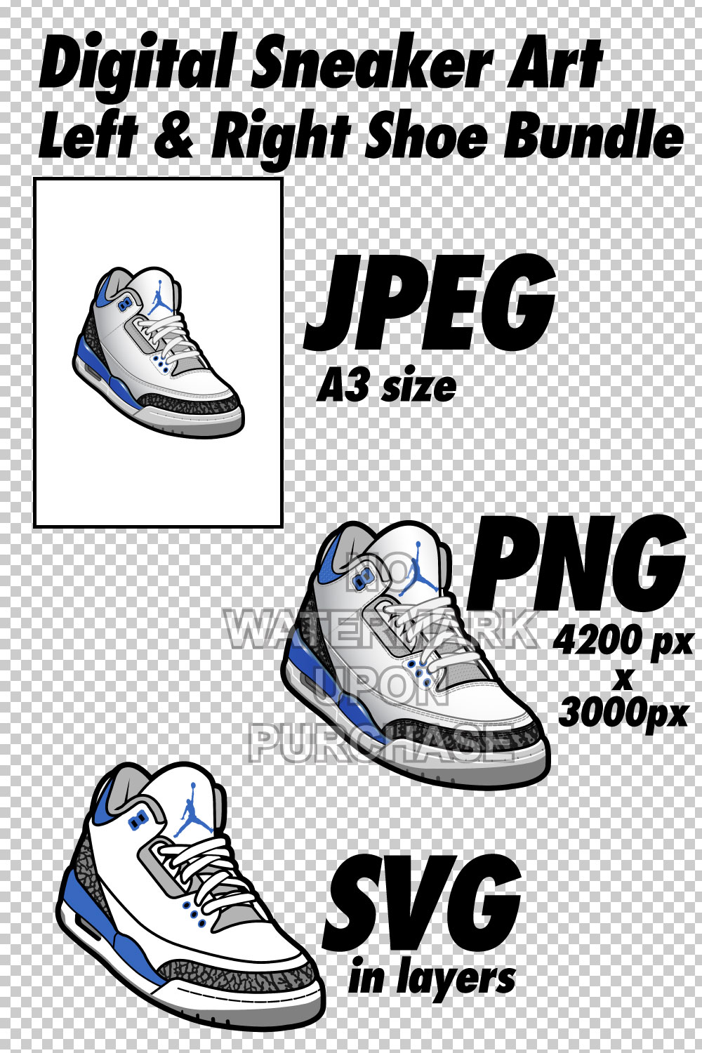 Air Jordan 3 Racer Blue JPEG PNG SVG right & left shoe bundle pinterest preview image.