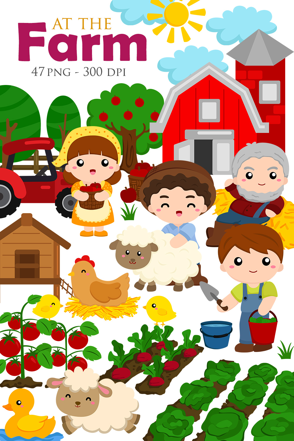 Cute and Fun At The Farm with Farmer Family and Animals Doing Harvest Vegetables with Tractor Barn Horse Sheep Cow Chicken Pig Duck Cartoon Illustration Vector Clipart Sticker Decoration Background Bundles Art pinterest preview image.