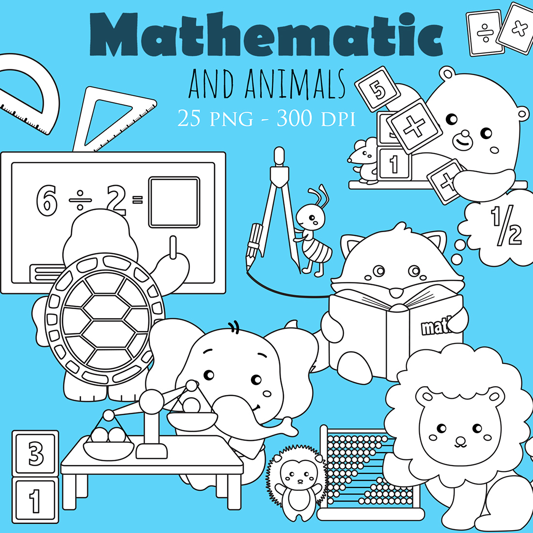 Cute and Funny Mathematics and Animal Learning Education School Formula Science Symbol Number Lesson Studying Cartoon Digital Stamp Outline Black and White cover image.