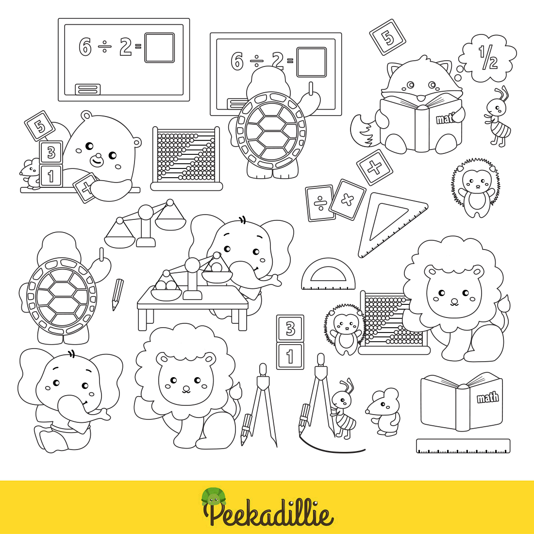 Cute and Funny Mathematics and Animal Learning Education School Formula Science Symbol Number Lesson Studying Cartoon Digital Stamp Outline Black and White preview image.
