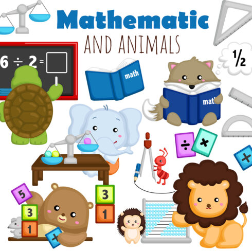 Cute and Funny Mathematics and Animal Learning Education School Formula Science Symbol Number Lesson Studying Cartoon Illustration Vector Clipart Sticker Background Decoration cover image.