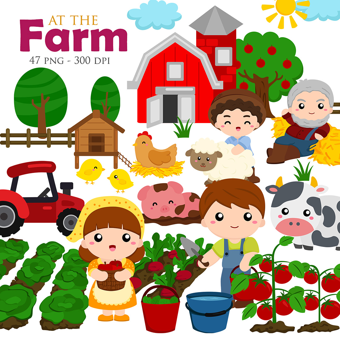Cute and Fun At The Farm with Farmer Family and Animals Doing Harvest Vegetables with Tractor Barn Horse Sheep Cow Chicken Pig Duck Cartoon Illustration Vector Clipart Sticker Decoration Background Bundles Art cover image.