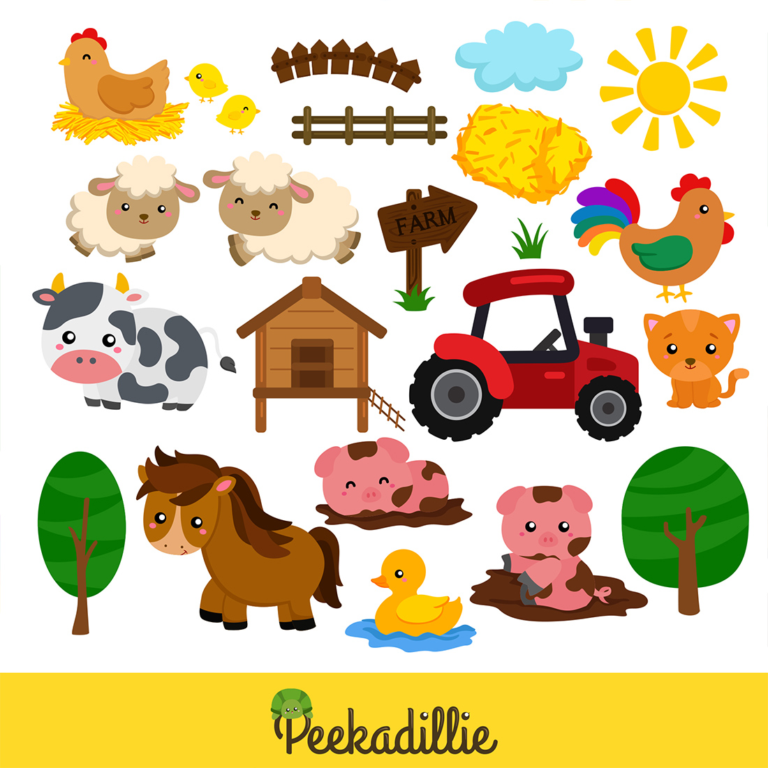 Cute and Fun At The Farm with Farmer Family and Animals Doing Harvest Vegetables with Tractor Barn Horse Sheep Cow Chicken Pig Duck Cartoon Illustration Vector Clipart Sticker Decoration Background Bundles Art preview image.