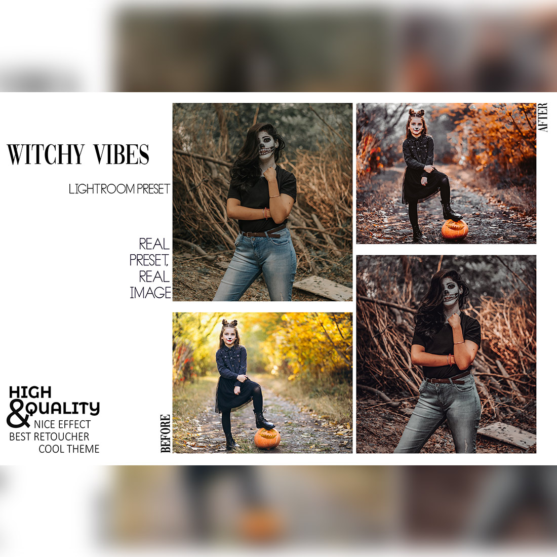 12 Halloween Vibes Lightroom Presets, Autumn Moody Mobile Preset, Black & Orange Desktop, Lifestyle Portrait Theme Instagram LR Filter DNG preview image.