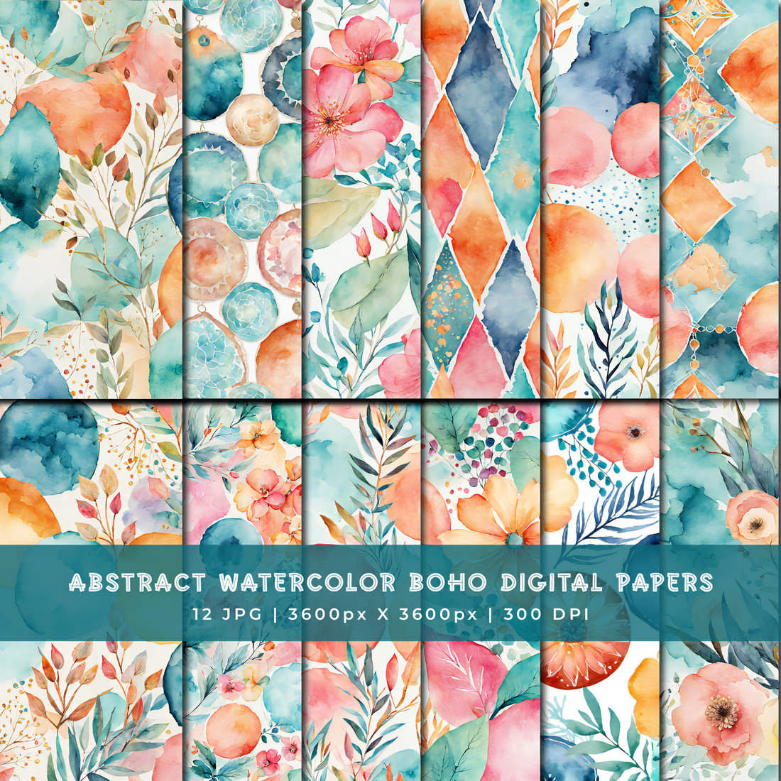 Abstract Watercolor Boho Digital Paper cover image.