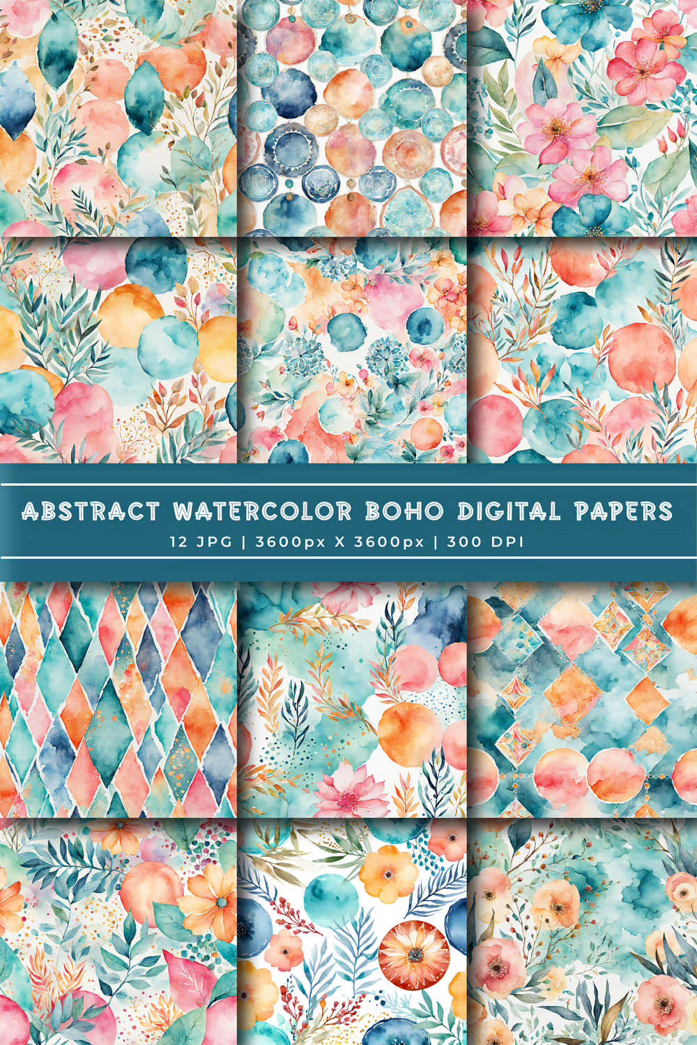 Abstract Watercolor Boho Digital Paper pinterest preview image.