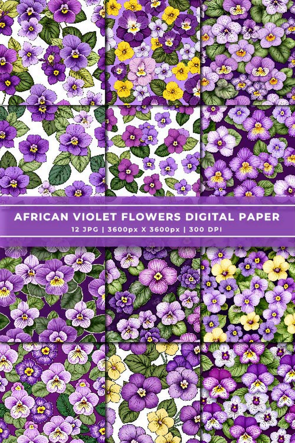 African Violet Flowers Digital Paper pinterest preview image.