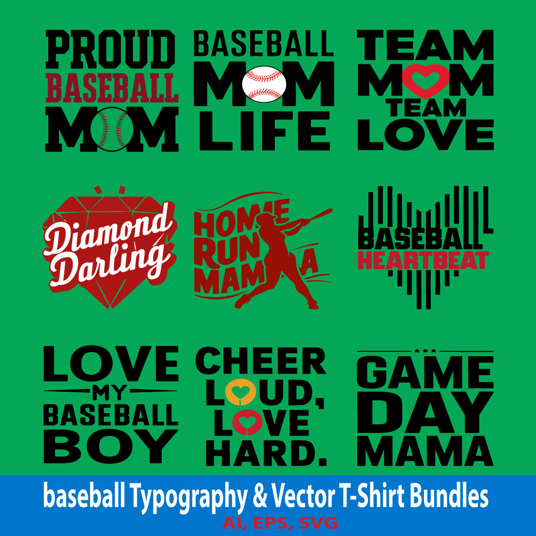 baseball Typography & Vector T-Shirt Bundles preview image.