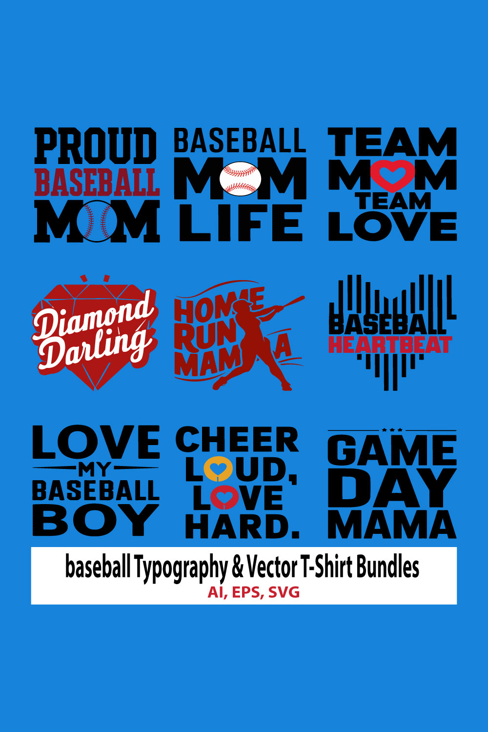 baseball Typography & Vector T-Shirt Bundles pinterest preview image.