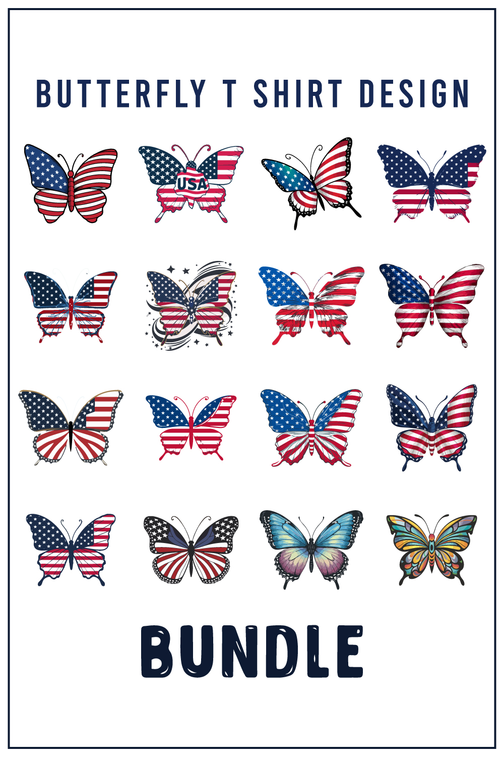 Butterfly T Shirt Design Bundle, American Flag pinterest preview image.