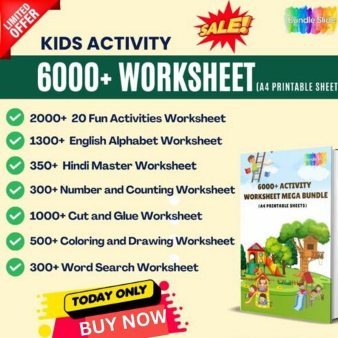 6000+ printable worksheets bundle for kids, kids worksheet, kids-activity, worksheet bundle, cover image.