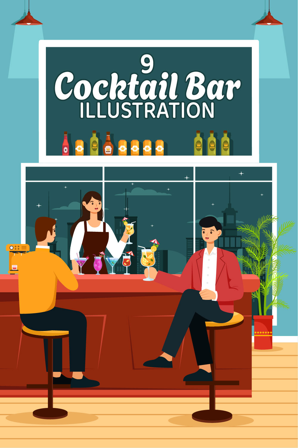 9 Cocktail Bar Illustration pinterest preview image.