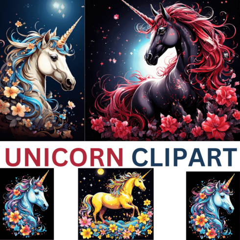 Beautiful Unicorn Clip art designs cover image.
