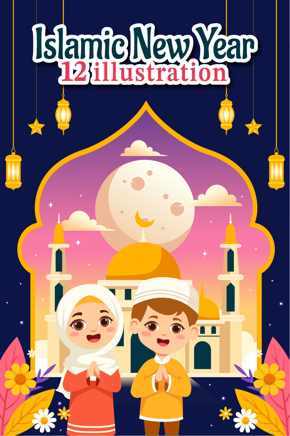 12 Happy Islamic New Year Illustration pinterest preview image.
