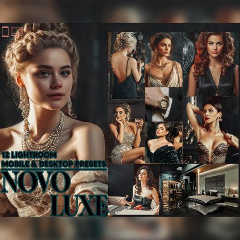 12 Novo Luxe Lightroom Presets, Black Luxury Mobile Preset, Luxurious Desktop LR Filter Lifestyle Theme For Blogger Portrait Instagram cover image.