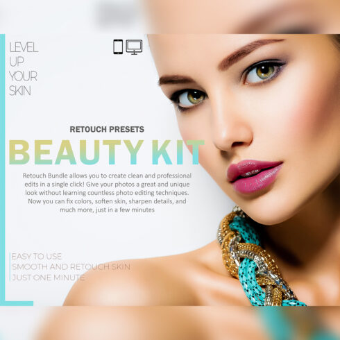 16 Beauty Kit Lightroom Presets, Retouch Mobile Preset, Skin Makeup Desktop LR Filter DNG Lifestyle Theme For Blogger Portrait Instagram cover image.