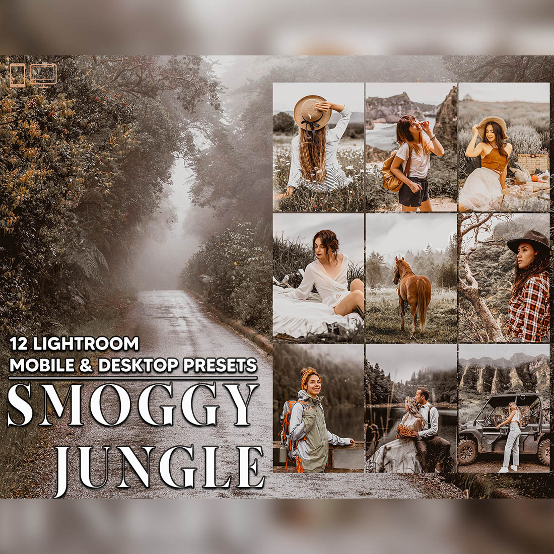12 Smoggy Jungle Lightroom Presets, Foggy Mobile Preset, Forest Moody Desktop LR Filter Lifestyle Theme For Blogger Portrait Instagram cover image.