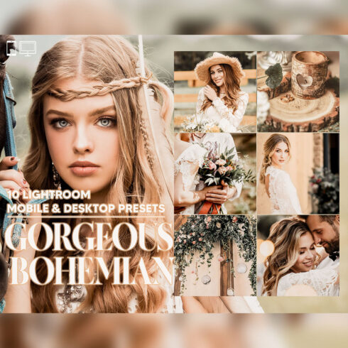 10 Gorgeous Bohemian Lightroom Presets, Bright Wedding Mobile Preset, Warm Boho Desktop LR Filter DNG Lifestyle Theme For Blogger Portrait Instagram cover image.