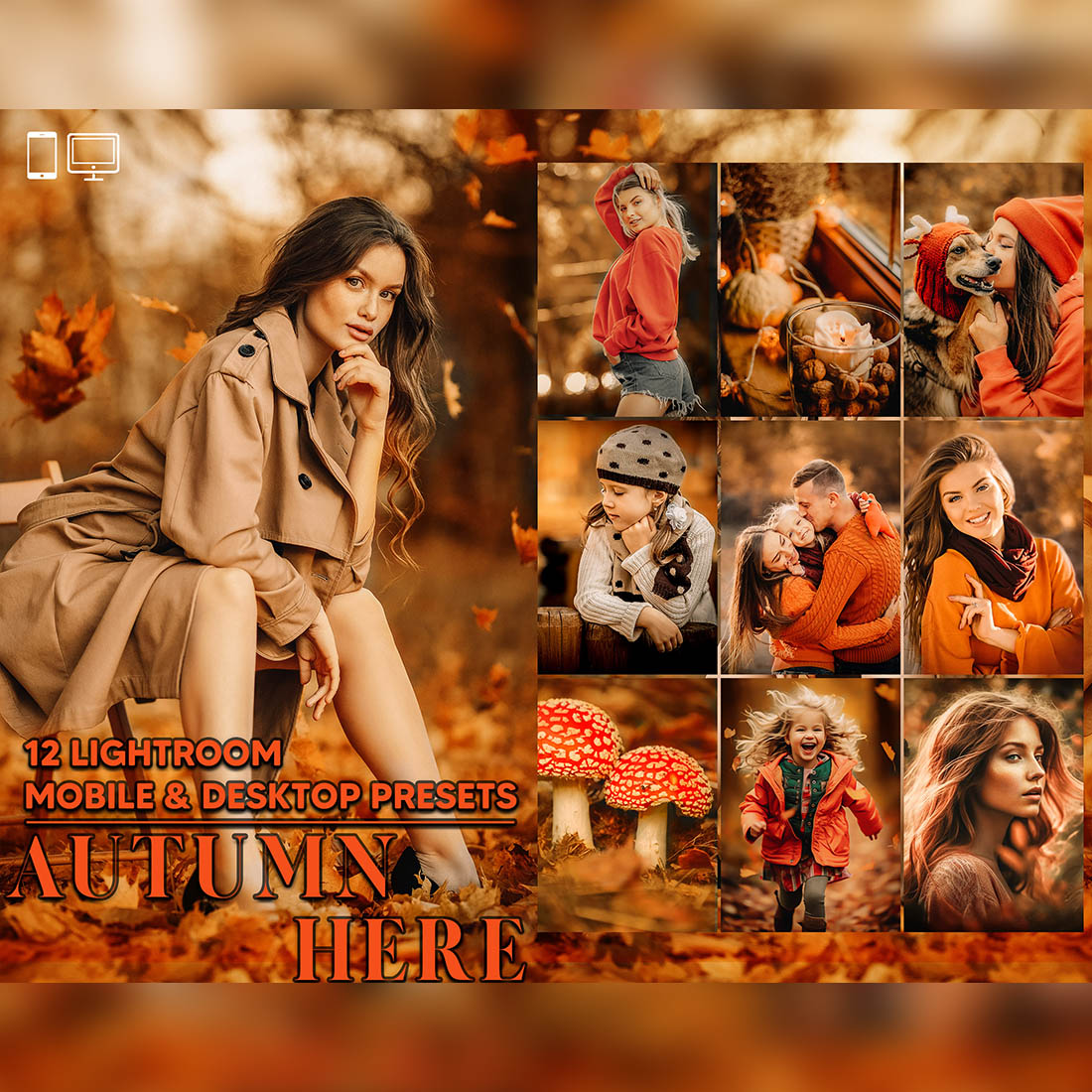 12 Autumn Here Lightroom Presets, Season Fall Mobile Preset, Moody Desktop LR Filter Lifestyle Theme For Blogger Portrait Instagram cover image.