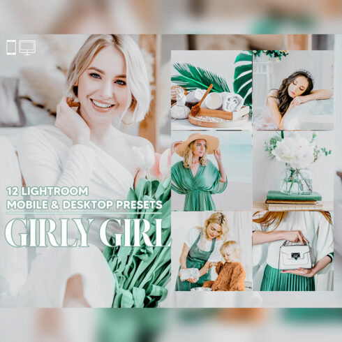12 Girly Girl Lightroom Presets, Bright Ivory Mobile Preset, Orange Desktop LR Filter DNG Lifestyle Theme For Blogger Portrait Instagram cover image.
