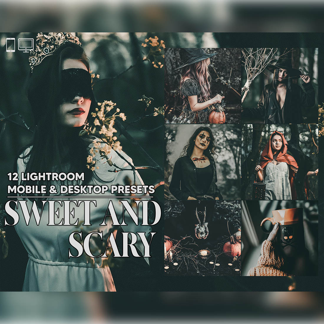 12 Sweet And Scary Lightroom Presets, Halloween Preset, Pumpkin Desktop LR Filter DNG Lifestyle Theme For Blogger Portrait Instagram cover image.