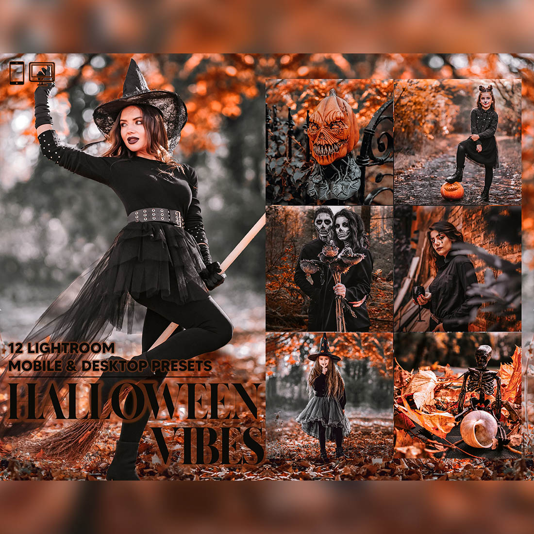 12 Halloween Vibes Lightroom Presets, Autumn Moody Mobile Preset, Black & Orange Desktop, Lifestyle Portrait Theme Instagram LR Filter DNG cover image.