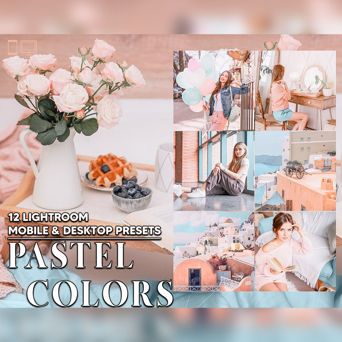 12 Pastel Colors Lightroom Presets, Bright Soft Mobile Preset, Spring Desktop LR Filter DNG Lifestyle Theme For Blogger Portrait Instagram cover image.