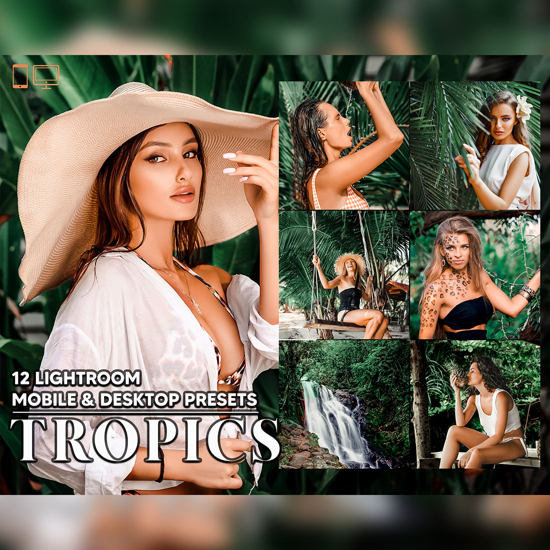 12 Tropics Lightroom Presets, Tropical Wonder Mobile Preset, Jungle Desktop LR Filter DNG Lifestyle Theme For Blogger Portrait Instagram cover image.
