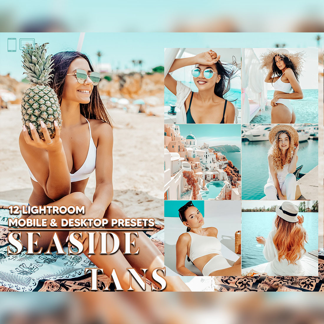 12 Seaside Tans Lightroom Presets, Bright Summer Mobile Preset, Sunkissed Desktop LR Filter Lifestyle Theme For Blogger Portrait Instagram cover image.