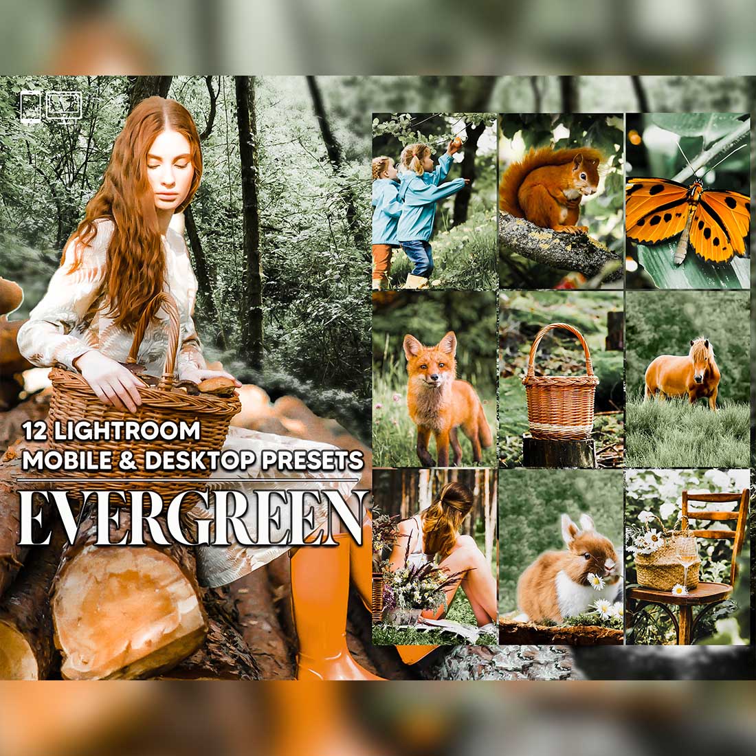 12 Evergreen Lightroom Presets, Moody Mobile Preset, Forest Desktop LR Filter DNG Portrait Instagram Theme For Lifestyle, Scheme cover image.