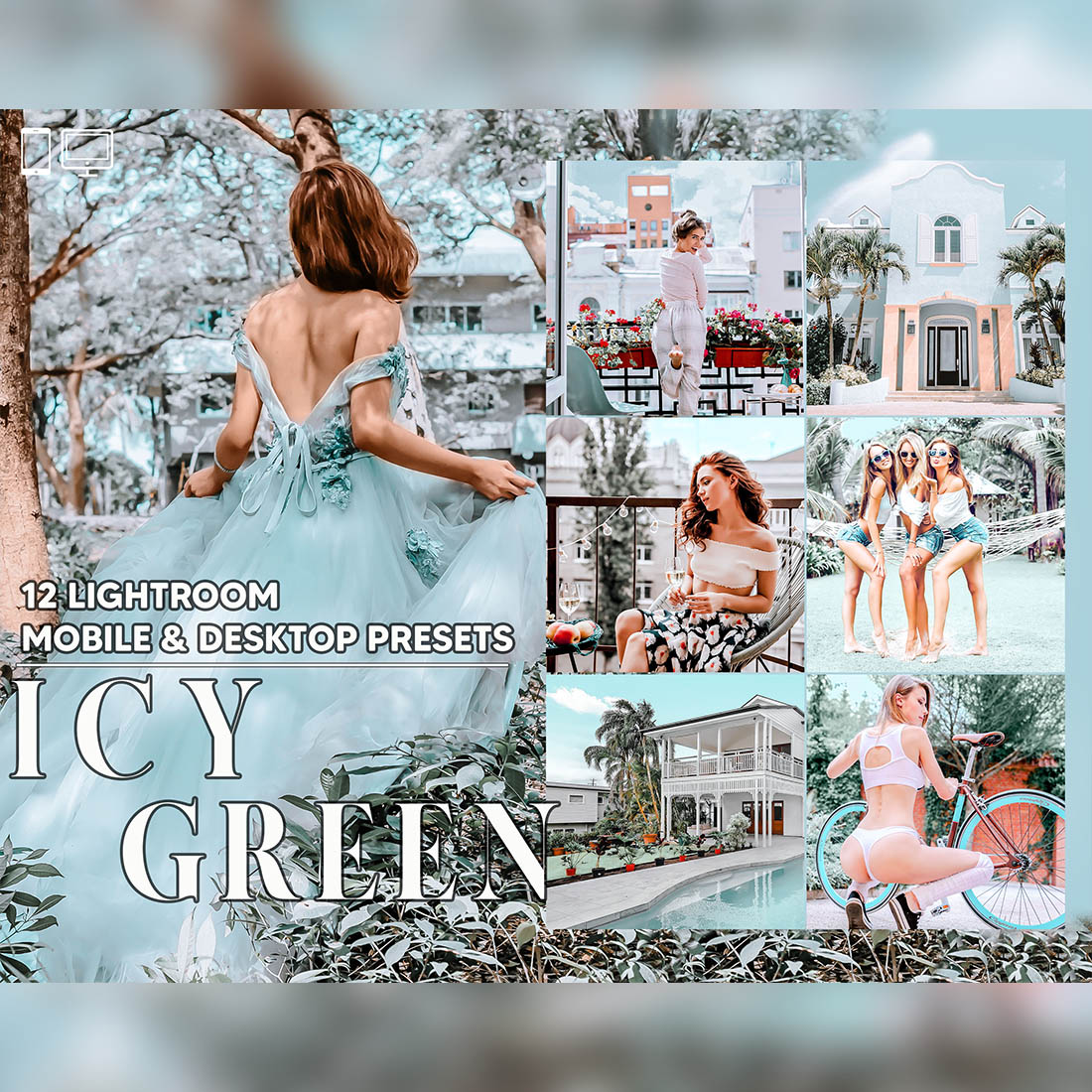 12 Icy Green Lightroom Presets, Cool Tone Mobile Preset, Bright Desktop LR Filter DNG Lifestyle Theme For Blogger Portrait Instagram cover image.