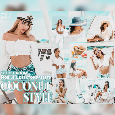 12 Coconut Style Lightroom Presets, Airy White Mobile Preset, Summer Bright Desktop LR Filter Lifestyle Theme For Blogger Portrait Instagram cover image.