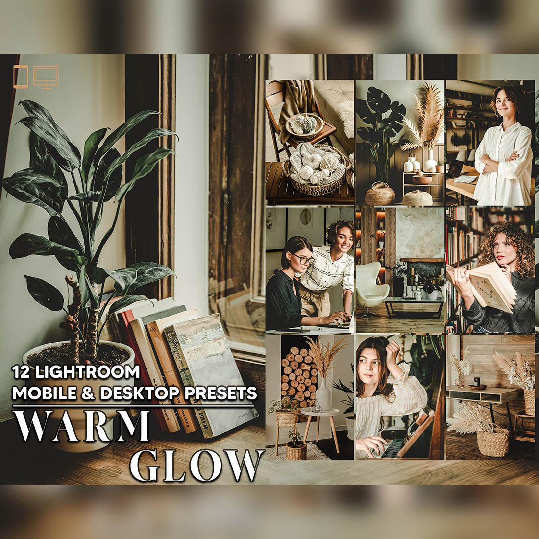 12 Warm Glow Lightroom Presets, Vintage Style Mobile Preset, Moody Desktop LR Filter Lifestyle Theme For Blogger Portrait Instagram cover image.