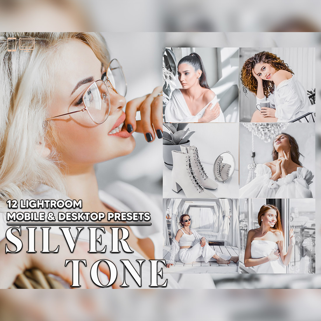 12 Silver Tone Lightroom Presets, Gray Clean Mobile Preset, Luxury Desktop LR Filter DNG Lifestyle Theme For Blogger Portrait Instagram cover image.