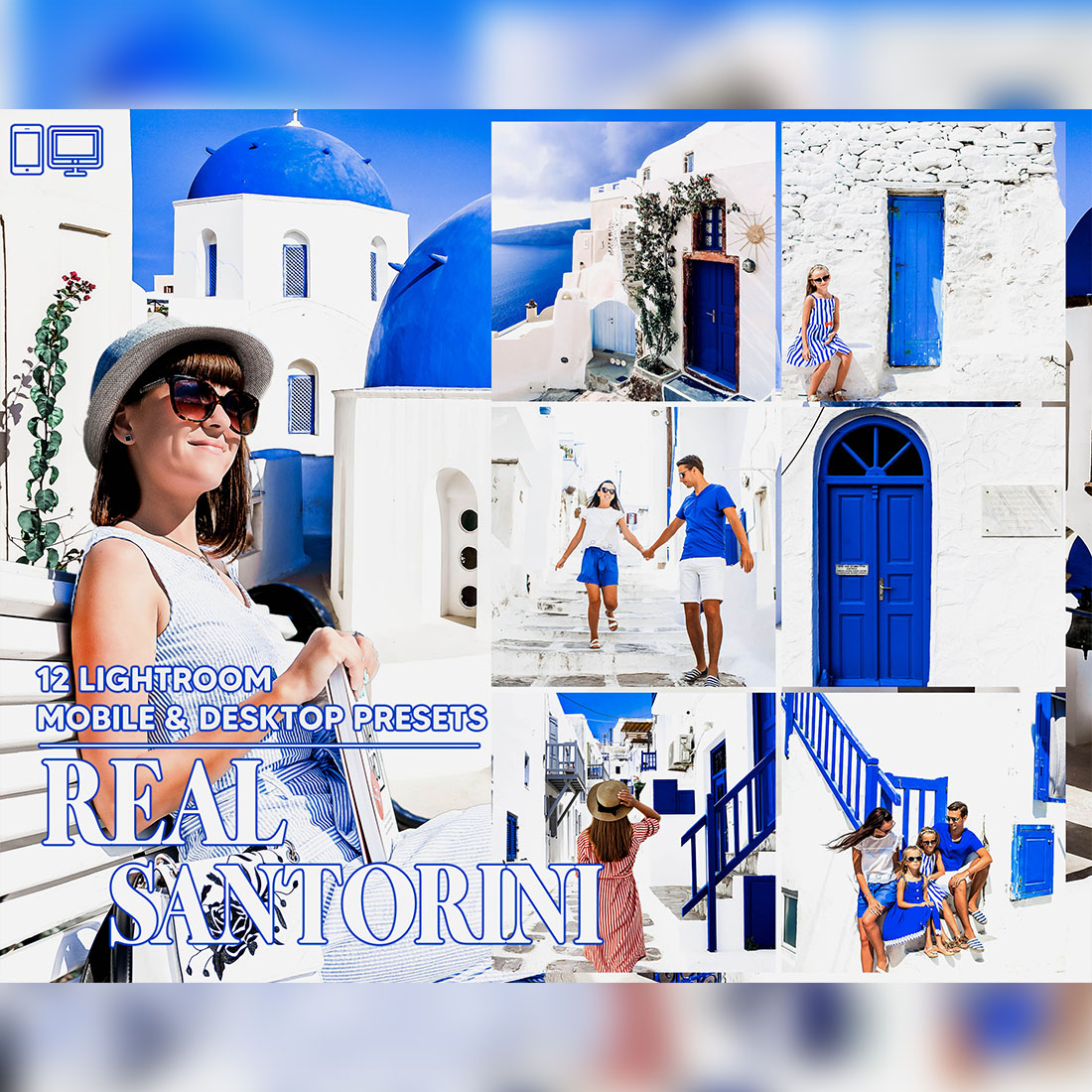 12 Real Santorini Lightroom Presets, Travel Mobile Preset, Spring Desktop LR Lifestyle DNG Instagram Beach Filter Theme Portrait Season Blue cover image.