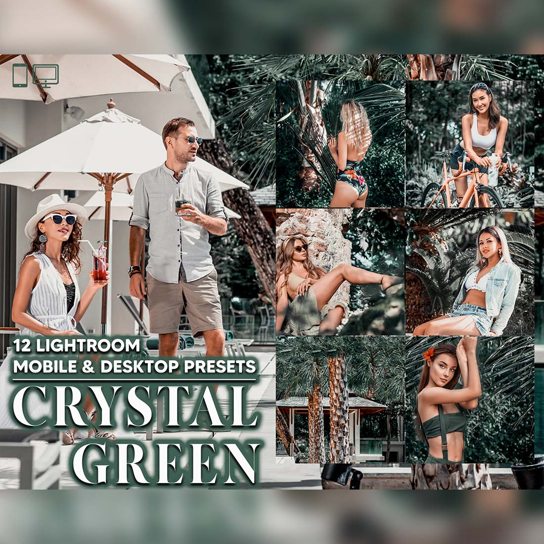 12 Crystal Green Lightroom Presets, Spring Mobile Preset, Tropical Desktop LR Filter DNG Lifestyle Theme For Blogger Portrait Instagram cover image.