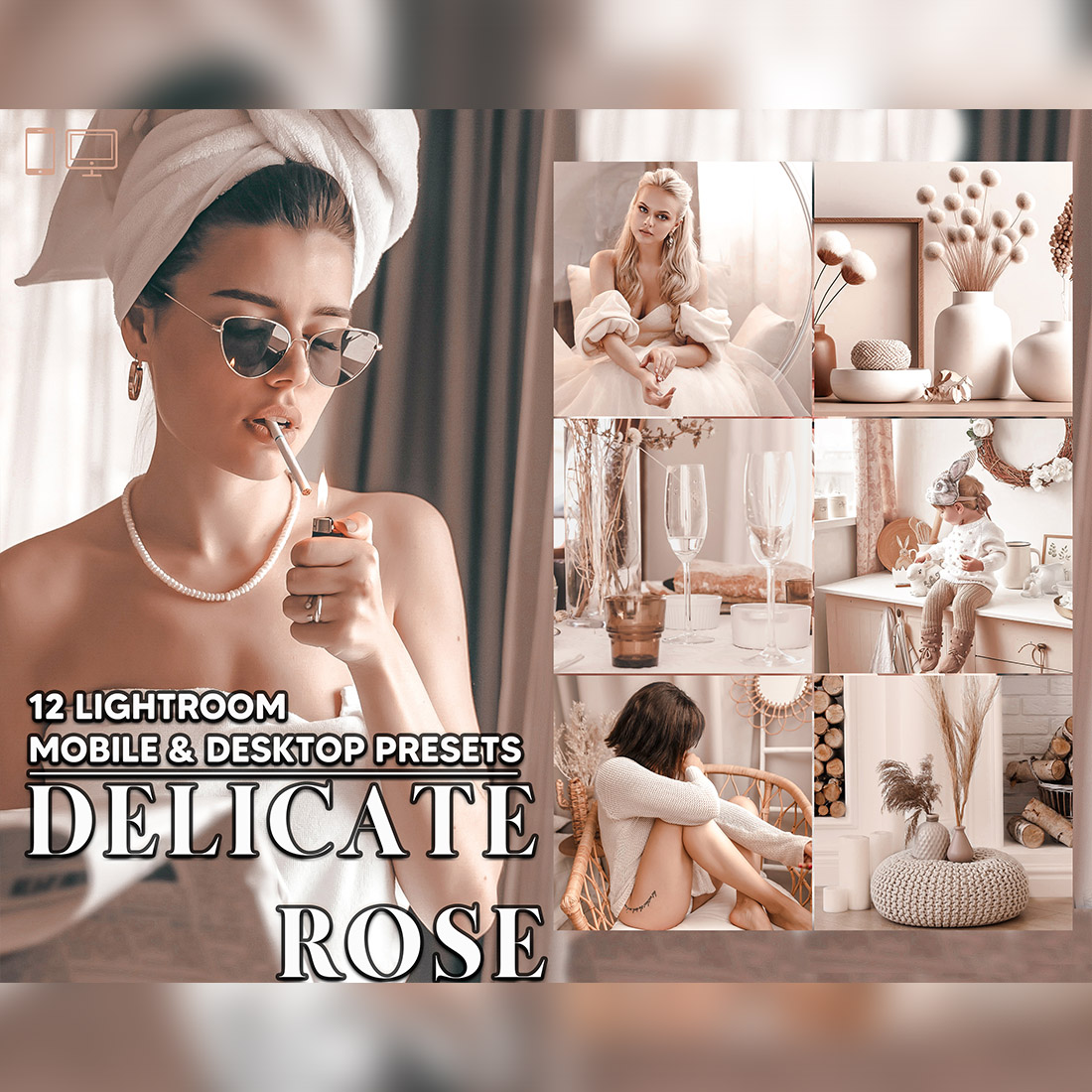 12 Delicate Rose Lightroom Presets, Minimal Mobile Preset, Neutral Pink Desktop LR Filter Lifestyle Theme For Blogger Portrait Instagram cover image.