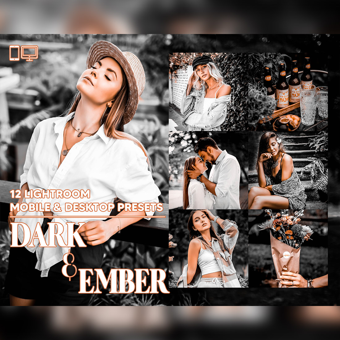 12 Dark & Ember Lightroom Presets, Moody Mobile Preset, Gray Desktop LR Lifestyle DNG Instagram Orange Filter Theme Portrait Season Matte cover image.