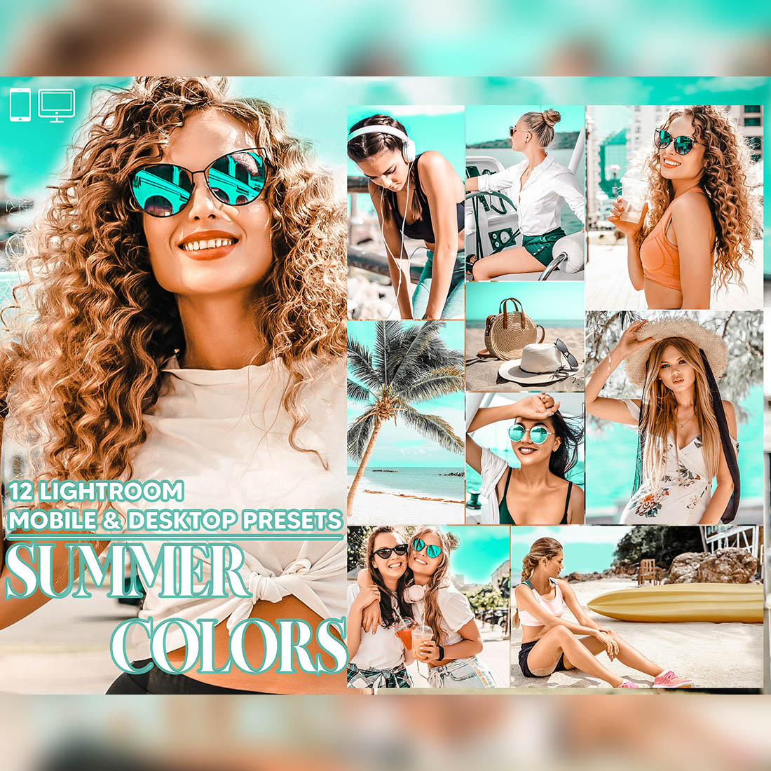 12 Summer Colors Lightroom Presets, Beach Mobile Preset, Bright Blue Desktop LR Filter DNG Lifestyle Theme For Blogger Portrait Instagram cover image.