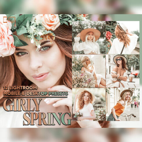 12 Girly Spring Lightroom Presets, Bright Tones Preset, Espresso Vibe Desktop LR Filter DNG Lifestyle Theme For Blogger Portrait Instagram cover image.